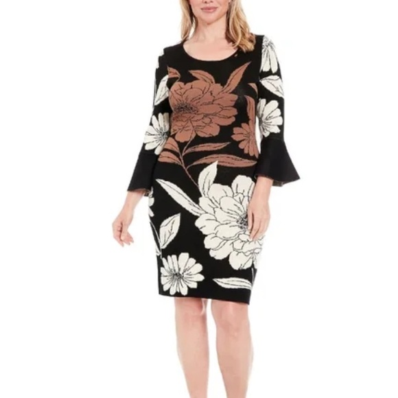 LONDON TIMES  Black & Brown Floral Bell Sleeve Sheath Sweater  Dress S NWOT - Picture 1 of 10